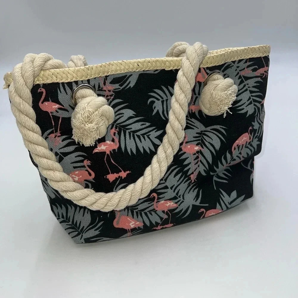 Girls FLAMINO Mini Tote Bag Zip Closure Rope Handles Canvas Lined Beach Pool NEW